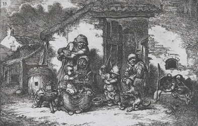 Tablica 19: rodzina i chłopiec bawiący się z psem przed domem, z cyklu Custom..., 1850.