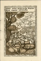 Ilustracja Francisco Sancha Lengo (1874-1936) - Latający liść, ca. 1915 - Ptak wart więcej niż sto latania - Wojna 14-18, Niemcy Prusy, Wojownicy i symbole, Zwycięstwo, Pokój, Język hiszpański, Prasa zagraniczna