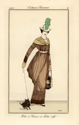 Kobieta w koszowej sukience z satyny w kolorze kawy z psem, akwaforta z Journal des Dames et des Modes Tommaso Antongini, Aux Bureaux du Journal des Dames, Paryż
