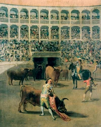 Walka byków z peleryną lub ciosami peleryny. Malowanie na metalu autorstwa Francisco de Goya y Lucientes (1746-1828). 1793.