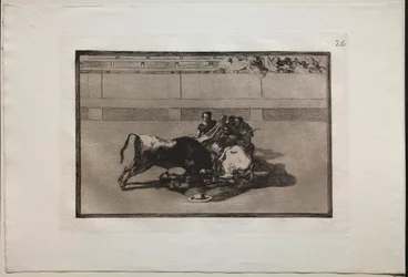 Walki byków: Picador jest pozbawiony koni i spada pod bykiem, 1876.