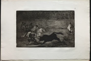 Walki byków: hiszpański rycerz konny łamiący krótkie włócznie z pomocą asystentów, 1876.