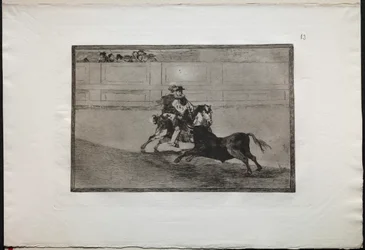 Walki byków: hiszpański rycerz konny w pierścieniu łamiący krótkie włócznie bez pomocy..., 1876.