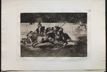 Walki byków: The Forceful Rendon dźga byka za pomocą piku, z którego przełęczy zginął ..., 1876.