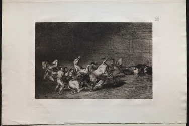 Walki byków: dwie drużyny pikadorów rzucone jeden po drugim przez jednego byka, 1876.