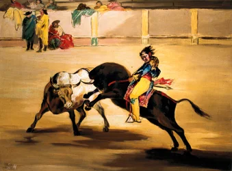 Mariano Ceballos zwany „Indianinem” na grzbiecie byka łamie szczupaka na arenach Madrytu, ok. 1930 r. 1810 (malarstwo)