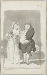 Prostytutka nagabująca grubego, brzydkiego mężczyznę, strona przednia, młoda kobieta załamująca ręce, strona tylna, 1796-97