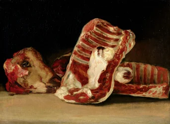 Martwa natura z żeberkami i głową owcy - lada rzeźnika