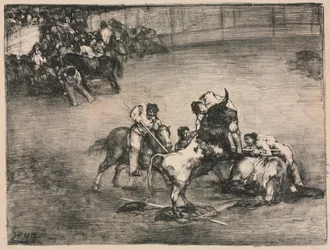 Byki z Bordeaux: Picador złapany przez byka, 1825.