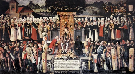 Ceremonia pocałunków w dłonie (pocałunki w dłonie) po ogłoszeniu przywilejów przez króla Ferdynanda Katolika (1452-1516). Obraz Francisco de mendieta Y Retesa (XVI wiek). Hiszpania, Guernica. Dom Juntas.