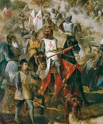 Rekonkwista Hiszpanii: bitwa pod Las Navas de Tolosa 16/07/1212 między armią chrześcijańską a armią Maurów. Fragment z królem Alfonsem VIII. Obraz Francisco de Paula Van Halena (1810-1887), 1864, Madryt, Pałac Senatu