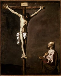 Ukrzyżowanie i malarz Autoportret artysty w roli św. Łukasza u stóp krzyża. Obraz Francisco de Zurbarana (1598-1664) 1635-1640 Wym. 105x84 cm Madryt, Muzeum Prado