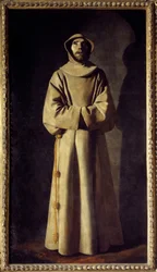 Portret świętego Franciszka z Asyżu: Święty przedstawiony jest w ekstazie. Ma na sobie habit z wiązanym sznurem jako pasem. Obraz Francisco de Zurbarána (1598-1664)
