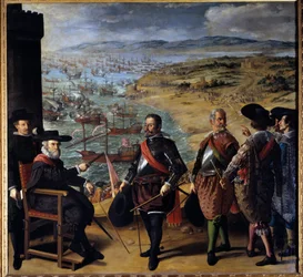 Obrona Kadyksu (Cadiz, Hiszpania) przed Anglikami. Wojska angielskie zajęły Wieżę Kadyksu 1 listopada 1625 r. w celu przechwycenia złota i srebra z Ameryki. Siedząca postać to Fernando Giron, gubernator miasta, pułapki w wieży di