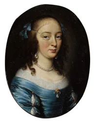 Portret eleganckiej damy, do połowy długości, w niebieskiej sukni