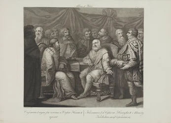 Spotkanie Kazimierza I Odnowiciela z cesarzem Henrykiem III przez Smuglewicza Franciszka (1745-1807). Litografia, koniec XVIII w. Kolekcja prywatna