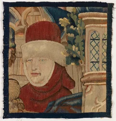 Mały fragment arrasu przedstawiającego głowę męską, koniec XV w. (wełna)