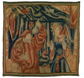 Fragment gobelinu przedstawiającego wnętrze z lekarzem i kobietą, Beaute, francuskiej lub flamandzkiej, wykonany na początku XVI w. (wełna)
