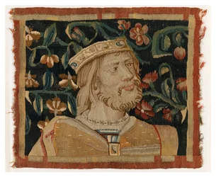 Fragment gobelinu przedstawiający głowę króla, koniec XV w. (wełna i jedwab)