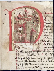 Ms Est 27 W 8.17 f.1r Historyczny inicjał przedstawiający Attylę Huna (ok.406-453) palący miasto Aquila z Wojny Attyli autorstwa Nicola da Casola