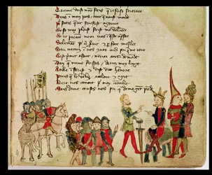 Pani Est 27 W 8.17 f.4r Attila the Hun (ok.406-453) w dyskusji z jednym ze swoich wojowników, z Wojna Attyli autorstwa Nicola da Casola