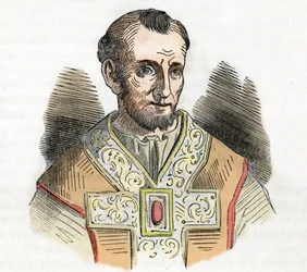 Średniowiecze: przedstawienie papieża Mikołaja I Wielkiego (Nicola I, Nicholas lub Nicolo lub Niccolo lub Nicolaus) (858-867) rysunek z „I misteri del vaticano” Franco Mistrali 1843