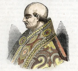 Średniowiecze: przedstawienie papieża Urbana IV (Urban lub Urbanus lub Urbano) (1261-1264) Rysunek z „Misteri del Watykan” Franco Mistrali