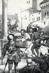 Pokuta Rajmunda VI, hrabiego Tuluzy - Dnia 22/06/1209 Rajmund VI, hrabia Tuluzy, zostaje ekskomunikowany przez papieża Innocentego III (Milon, legat papieski) za nieprześladowanie katarów, oskarżony o podżeganie do zabójstwa Pierre