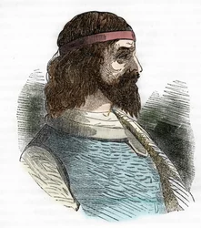 Portret Odoakra (Odovacar), wodza Herulów, sprzymierzeńców Hunów, i ministra Attyli (435-493) (Odoacer lub Flavius Odovacer), rysunek z książki „I misteri del Vaticano” Franco Mistraliego, 1843