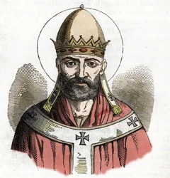 Portret papieża Damazego I (papieża Damazego) (305-384) na podstawie „I misteri del vaticano” Franco Mistrali 1843