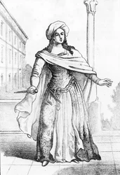 Portret młodej Rzymianki Beatrice Cenci (1577-1599), oskarżonej o zabójstwo ojca Francesca Cenciego w 1598 roku (Portret młodej rzymskiej szlachcianki Beatrice Cenci, która w 1598 roku zamordowała ojca, hrabiego Francesca Cenciego). Rycina z „I misteri