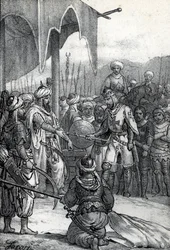 Siódma krucjata: król Ludwik IX został wzięty do niewoli w bitwie pod Fariskur 6 kwietnia 1250 r. (Siódma krucjata: król Ludwik IX jeniec w bitwie pod Fariskur, 6 kwietnia 1250 r.) Rysunek z „Misteri del Watykan” Franco Mistrali