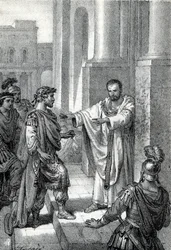 Arcybiskup św. Ambroży z Mediolanu (Aureliusz Ambrosius, Ambrogio di Milano (340-397) zakazał wstępu do kościoła rzymskiemu cesarzowi Teodozjuszowi I (Flawiuszowi Teodozjuszowi) (347-395), aby ukarać go za masakrę w Tesalonice w 390 r. - ekskomunika