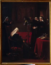 Green Green Nuns dające jedzenie papudze śpiącej zakonnicy. Obraz Francois Mariusa Graneta (1775-1849)