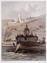 Chateau a Pfalz, Niemcy. W „Monumentalnym i malowniczym Renie”. Litografie Fourmaisa i Stroobanta