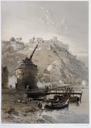 Chateau Saint Coar i Rheinfelds. W „Monumentalnym i malowniczym Renie”. Litografie Fourmaisa i Stroobanta