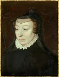 Portret Katarzyny Medycejskiej (Caterina de Medici) (1519-1589), królowej Francji. Obraz François Cloueta (około 1515-1572). Słońce. 0,33 x 0,24 m. XVI wiek. Chantilly, Musée Condé