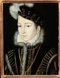 Portret Karola IX, króla Francji (1550-1574). Atelier de Francois Clouet (1515-1572), t. 1555. Olej na drewnie. Wymiary: 0,32 x 0,23m. Olej na drewnie. - Portret Karola IX, króla Francji (1550-1574). Warsztat Francois Cloueta (1515-1572), ok. 1555. O