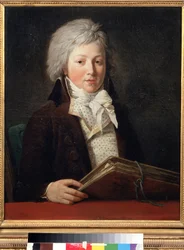 Portret młodego mężczyzny trzymającego folder z rysunkami. Obraz Francois Andre Vincent (1746-1816). Olej na płótnie, 73 x 59 cm