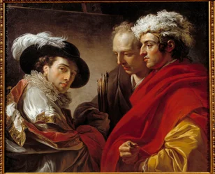 Portret trzech mężczyzn (artysta, architekt Pierre Rousseau i nieznajomy). Obraz François-André Vincenta (1746-1816), 1775. Słońce. 0,81 x 0,98 m.