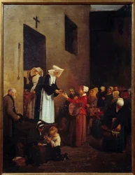 Jałmużna. Zakonnice rozdają żywność ubogim na ulicy. Obraz Francois Bonvin (1817-1887)