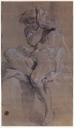 Akademia siedzącego nagiego mężczyzny Rysunek czerwoną krwią, Francois Boucher (1703-1770) XVIII-wieczny Paryż, Luwr