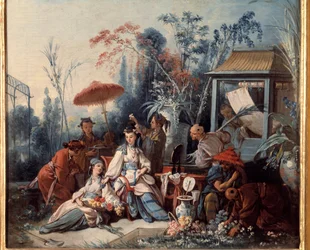 Chiński Ogród Scena Chinoiserie przedstawiająca młodą kobietę otoczoną przez służących. Obraz Francois Bouchera (1703-1770)