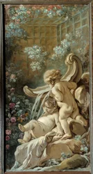 Panel drzwiowy salonu Demarteau: fontanna z dwoma miłościami, z których jedna leży. Obraz Francois Bouchera (1703-1770)