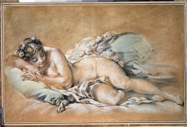„Młoda śpiąca kobieta” (Śpiąca młoda kobieta) Sanguine i pastel Francois Boucher (1703-1770) 1758 Muzeum Puszkina, Moskwa