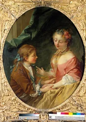 Z trzech rzeczy zrobisz jedną? Szarmancka scena. Obraz Francois Bouchera (1703-1770). 1734 Kolekcja prywatna
