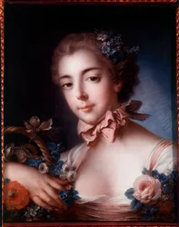 Portret młodej kobiety, opierając się na kosz kwiatów. Malarstwo pastelowe Francois Bouchera (1703-1770)