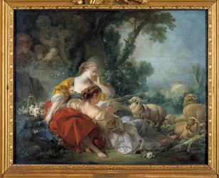 Scena bukolikowa Szkoły Przyjaźni: dwóch pasterzy i stado. Obraz Francois Bouchera (1703-1770) 1760 Karlsruhe. Staatliche Kunsthalle