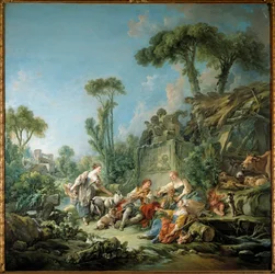 Sielanka sceny bukolicznej z pasterzem. Obraz François Bouchera (1703-1770), 1768. Płótno. 2,4 x 2,37 m. Nowy Jork. Metropolitan Museum