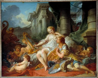Miłość Renauda i Armide Ilustracja przedstawiająca scenę „La Jerusalem delivree” (La gerusalemme liberata) Torquato Tasso (znanego jako Kubek). Czarujący Armide otoczony bardzo symbolicznym seduitem Amours przy pomocy swojego magicznego zwierciadła rycerza